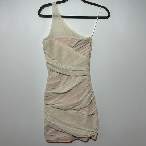 Topshop Ladies Dress Bodycon Beige Size 8 Polyester Short Tall Pink Ruched