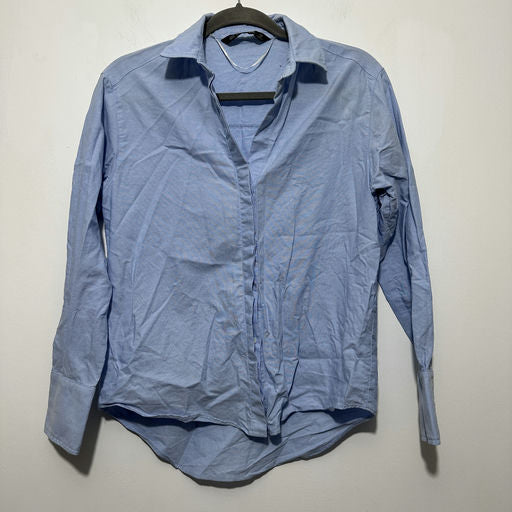 Zara Ladies Button-Up Shirt  Blue Size XS X-Small 100% Cotton Long Sleeve