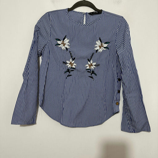 Zara Ladies Blue Floral Striped Long Sleeve Shirt Size XS Polyester