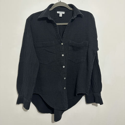Topshop Ladies Button-Up Shirt  Black Size 4 100% Cotton Long Sleeve Oversized