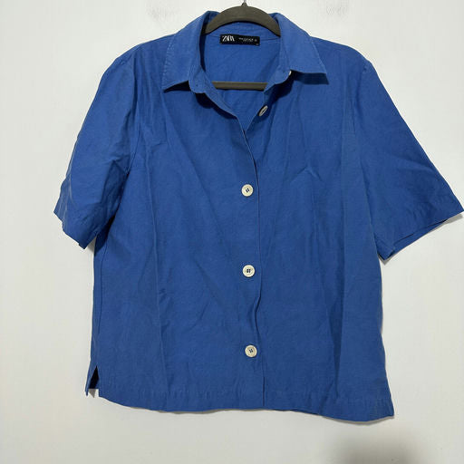 Zara Blue Button-Up Shirt Size M Medium Short Sleeve Polyester Oversize