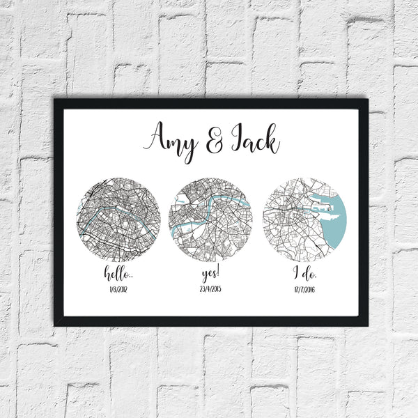 Couple Personalised Hello, Yes & I Do Love Engagement Any Place Circle City Wall Decor Print