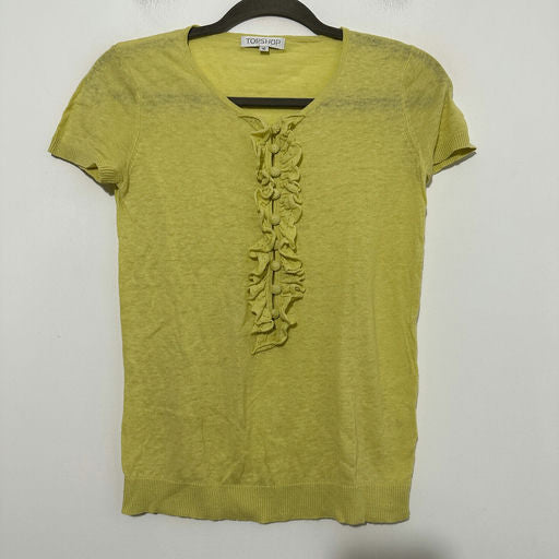 Topshop Yellow Linen V-Neck Button Up T-Shirt Size 10 Short Sleeve