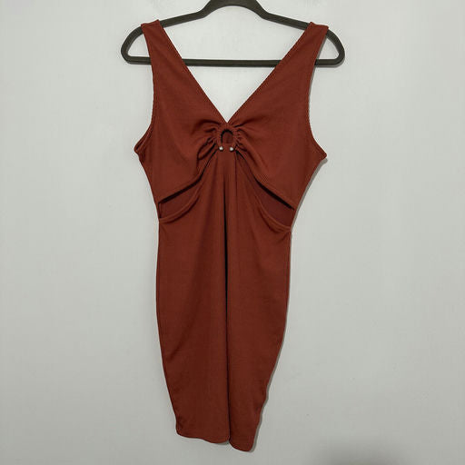 Topshop Ladies Dress Bodycon Brown Size 14 Polyester Short Ribbed Mini