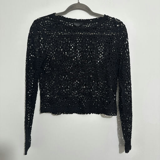 Topshop Black Size 8 Long Sleeve Cropped Netted See-through Top Casual