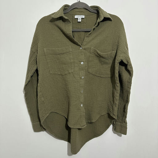 Topshop Ladies Button-Up Shirt  Green Size 6 100% Cotton Long Sleeve Oversized