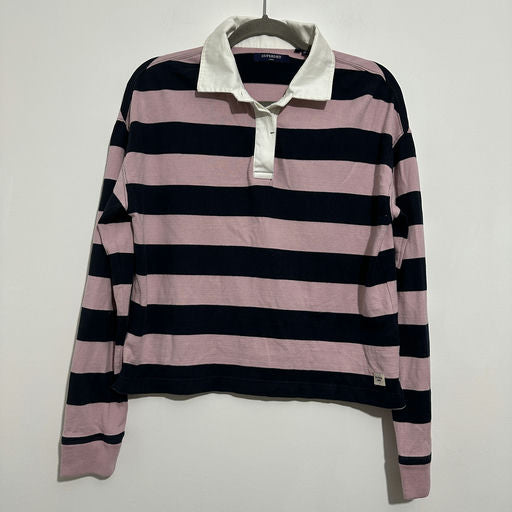 Superdry Pink Striped Long Sleeve T-Shirt Size 10 100% Cotton Navy Collar