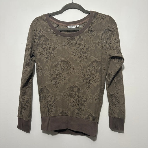 New Look Ladies T-Shirt Top  Brown Size 6 Cotton Blend Long Sleeve Lace