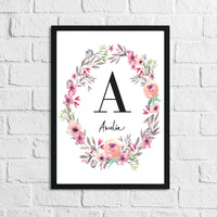 Personalised Pink Flower Wreath Name Children's Room Wall Decor Print