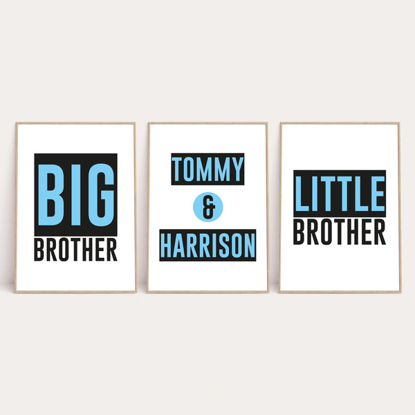 Big Brother Little Brother Name Children's Bedroom Wall Decor Set Of 3 Prints