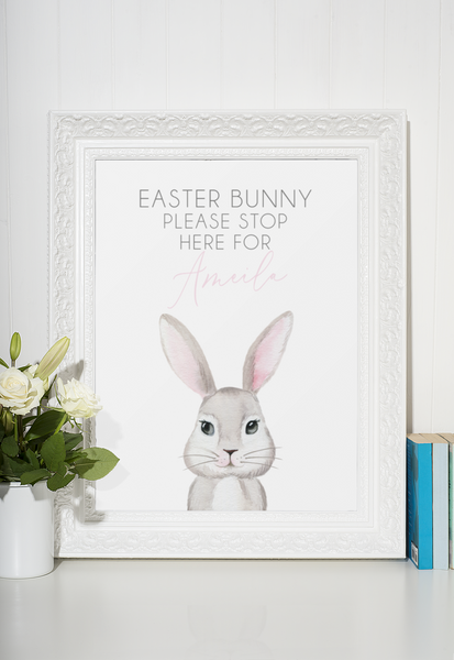 Easter Bunny Please Stop Here Name 2022 Spring Easter Seasonal Wall Home Decor Print