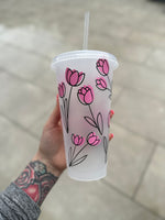 Personalised Name Pink Floral Line Work Tumbler Venti Cold Cup 24oz - With Straw