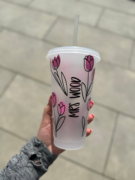 Personalised Name Pink Floral Line Work Tumbler Venti Cold Cup 24oz - With Straw