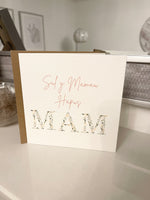 Sul y Mamau Hapus Welsh Happy Mothers Day Mam Pink Floral Letters Mothers Day Cute Funny Humorous Hammered Card & Envelope