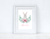 Personalised Pink Wording Floral Bunny Easter Spring Seasonal Wall Home Decor Print