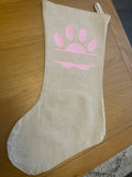 Personalised Dog Cat Pet Paw Print With Name Natural Hessian Christmas Stocking