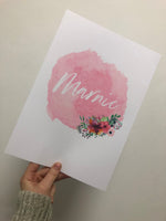 Personalised Pink Watercolour Name Floral Children's Room Wall Decor Print