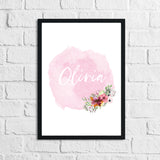Personalised Pink Watercolour Name Floral Children's Room Wall Decor Print