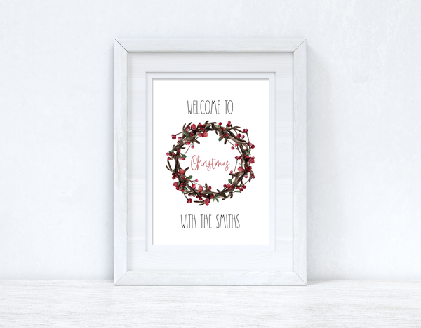 Welcome To Christmas With The Surname Wreath Seasonal Wall Home Decor Print