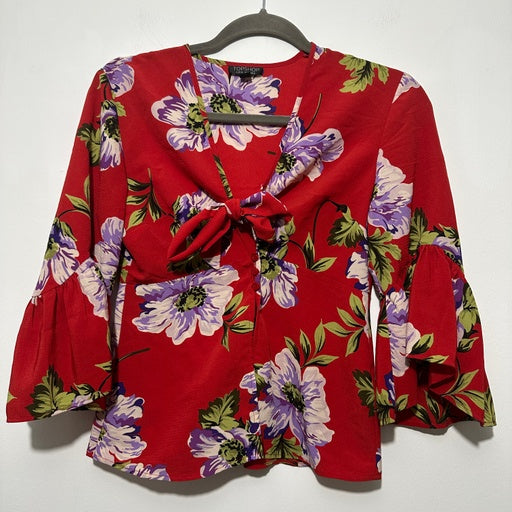 Topshop Ladies Blouse Top  Red Size 6 Polyester 3/4 Sleeve Floral Tie Button