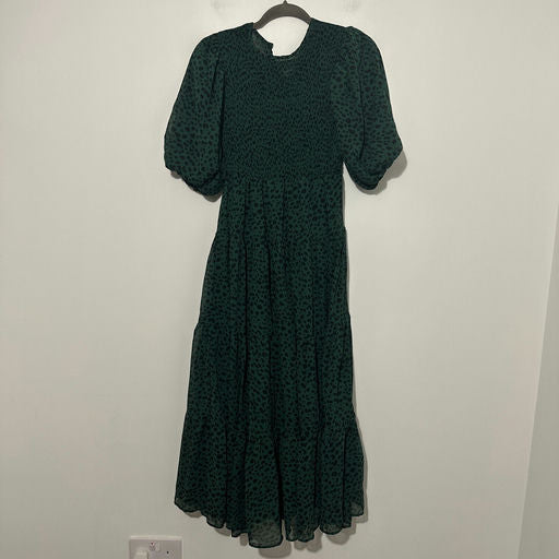 ASOS Green Animal Print Smock Dress Size 2 Midi Blouson Polyester
