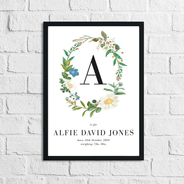 Personalised Baby Neutral Wreath Floral Children's Bedroom Wall Decor Print