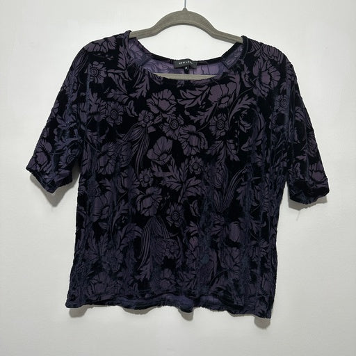 New Look Ladies T-Shirt Top  Purple Size 12 Polyester Short Sleeve Floral Velour