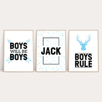Personalised Name Boys Will Be Boys Children's Bedroom Wall Decor Set Of 3 Prints