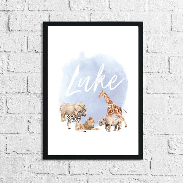 Personalised Zoo Animals Blue Name Children's Room Wall Decor Print