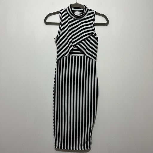 ASOS Ladies Dress Bodycon Black Size 6 Polyester Midi Striped Cut Out Front