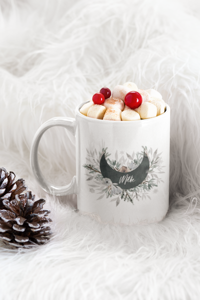 Personalised Name Floral Frost Christmas Wreath Ceramic Mug