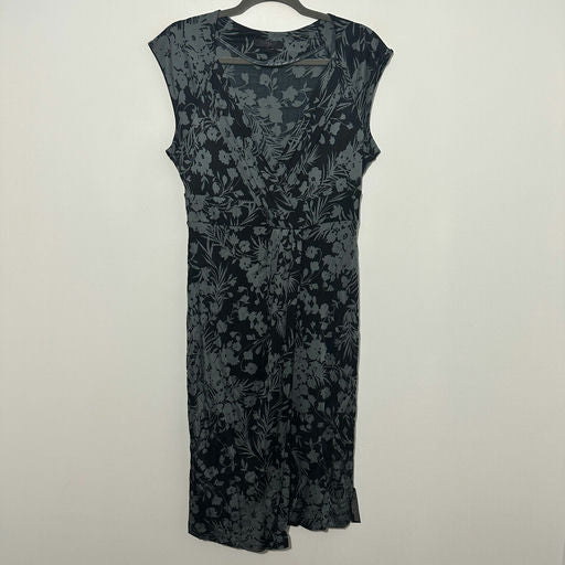 Jasper Conran Ladies Black Dress Sheath Size 14 Viscose Midi Low Cut Grey Floral
