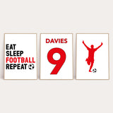 Personalised Surname Eat Sleep Football Repeat Children's Wall Decor Set Of 3 Prints (Any Colour/No.)