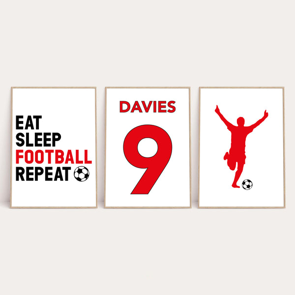Personalised Surname Eat Sleep Football Repeat Children's Wall Decor Set Of 3 Prints (Any Colour/No.)