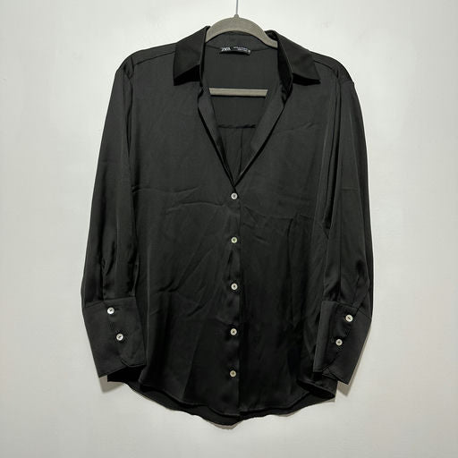 Zara Ladies Button-Up Top  Black Size XS X-Small Polyester Long Sleeve