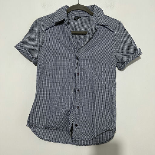 Topshop Ladies Button-Up Shirt  Blue Size 8 100% Cotton Short Sleeve Check