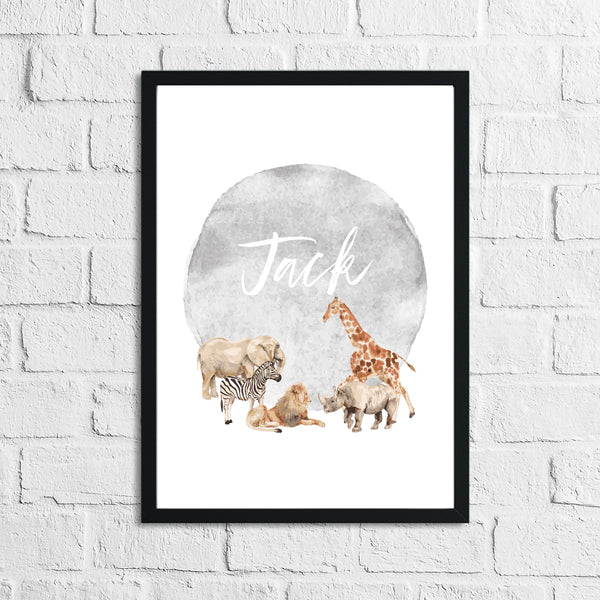 Personalised Zoo Animals Grey Name Children's Room Wall Decor Print