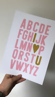 ABC I HEART YOU Pink & Gold Children's Room Wall Decor Print