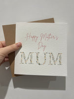 Happy Mothers Day Mum Pink Floral Letters Mothers Day Cute Funny Humorous Hammered Card & Envelope