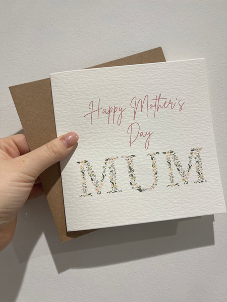 Happy Mothers Day Mum Pink Floral Letters Mothers Day Cute Funny Humorous Hammered Card & Envelope