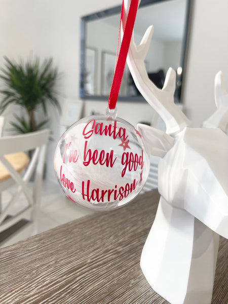 Santa, I've Been Good Love Name Star Personalised Clear Feather Christmas Tree Hanging Decoration Bauble