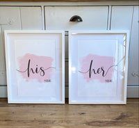 Pink Brush His Side & Her Side Set Of 2 Bedroom Home Decor Prints