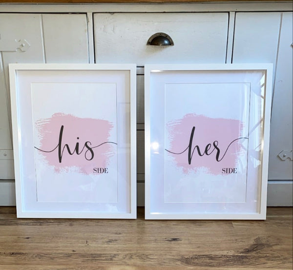 Pink Brush His Side & Her Side Set Of 2 Bedroom Home Decor Prints