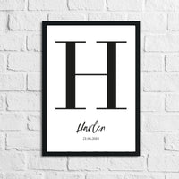 Personalised Black Name Initial DOB Children's Teenagers Room Wall Decor Print