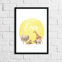 Personalised Zoo Animals Sand Yellow Name Children's Room Wall Decor Print